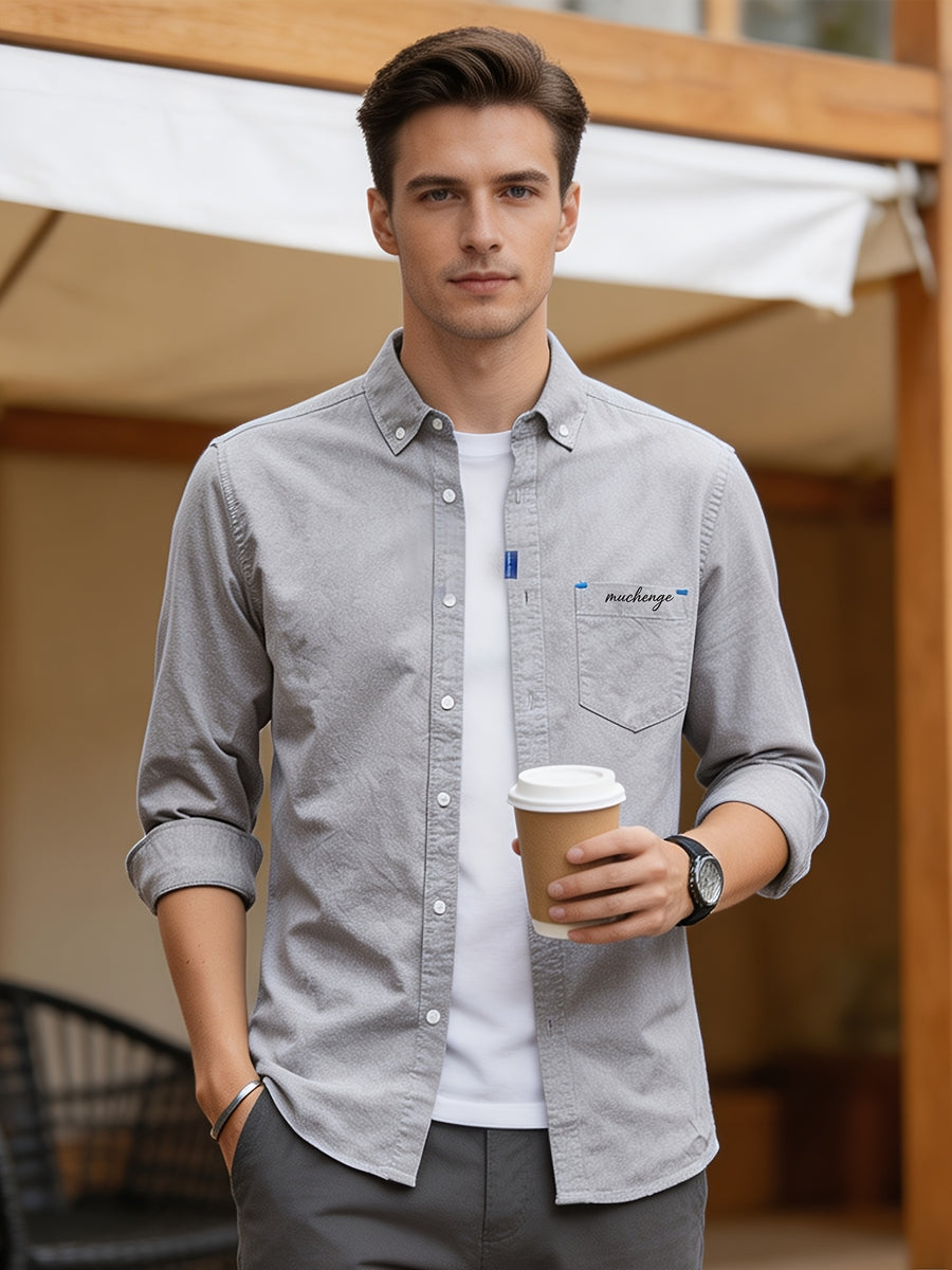 Spring/Autumn Men'S Oxford Cloth Collared Shirt, Individual Chest Print Long Sleeve Blouse, Slimming Outdoor Casual Top, Youth Versatile Commute Light Business Men'S Basic Shirt - Grey