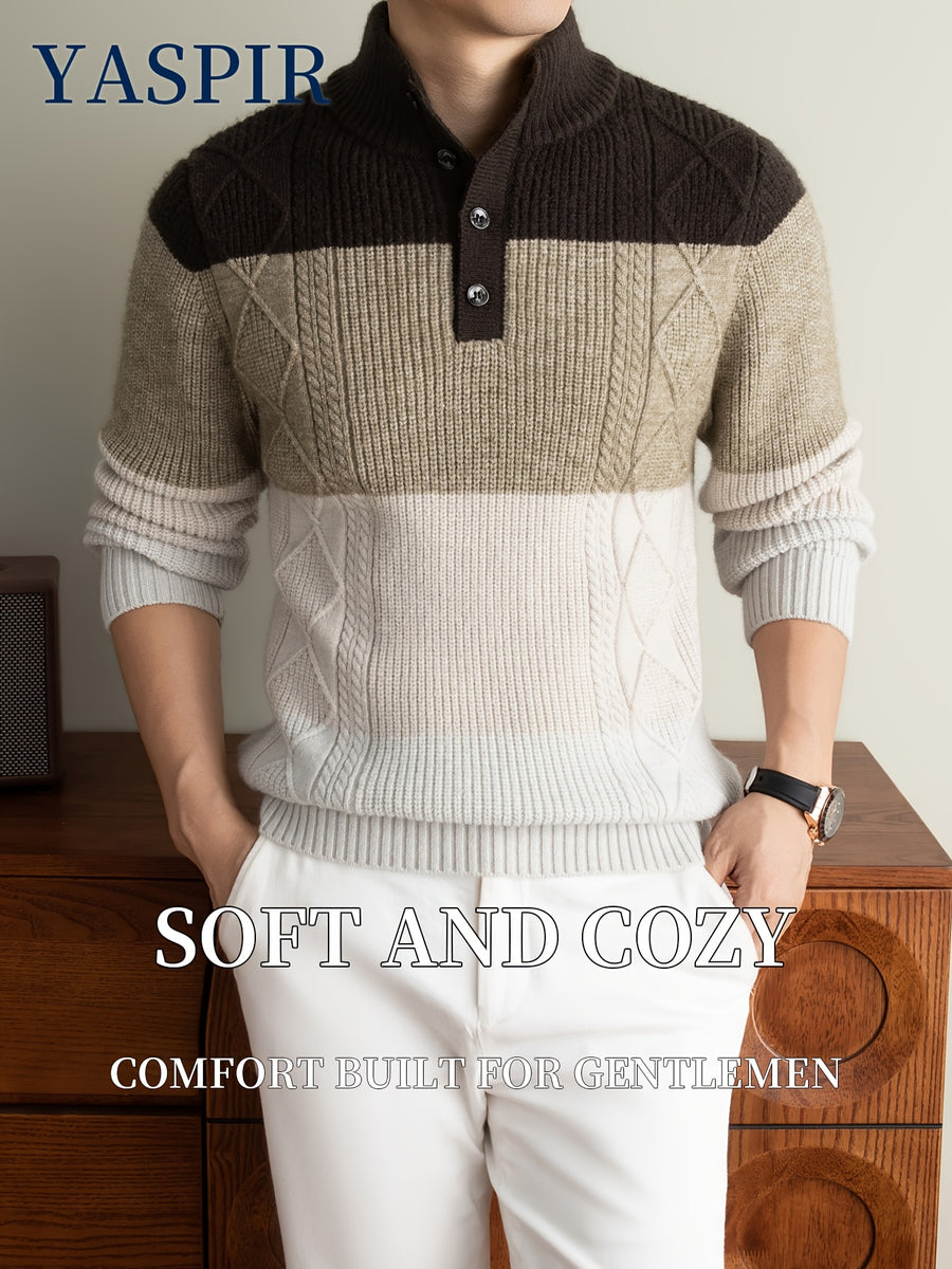 Autumn Winter Men'S High Neck Henley Long Sleeve Pullover Sweater Thick Heavyweight Style, Color-Block Jacquard Design, Casual Elegant Old Money Style, Warm And Cold-Resistant, Suitable for Daily Leisure Sports Outdoor Camping Fishing Wear, Knit - Coffee Color