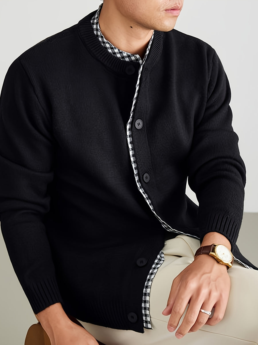 Men's Knitted Cardigan with Round Neck, Black and White Checkered Placket, 2-in-1 Look, Single-Breasted, Business Casual, Spring/Autumn Regular Fit for Daily Commuting - Black