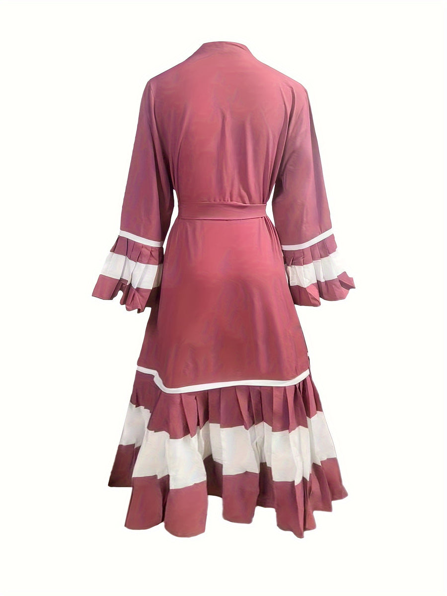 Ramadan 2025 Middle East Cross-border Women's Casual Color-block Pleated Muslim Abaya Open Cardigan - The color of rouge