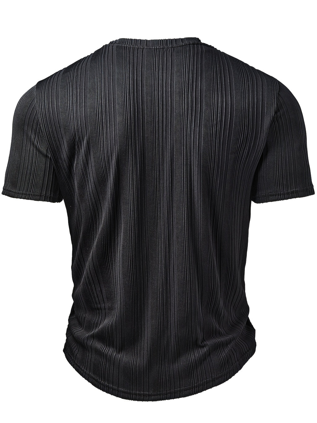 Men's Fashion Top, Spring/Summer Outdoor Casual Textured Fabric, Solid Color Round Neck Single-Breasted Short Sleeve Henley Shirt - Black