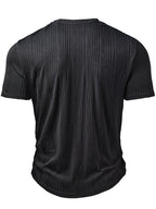 Men's Fashion Top, Spring/Summer Outdoor Casual Textured Fabric, Solid Color Round Neck Single-Breasted Short Sleeve Henley Shirt - Black