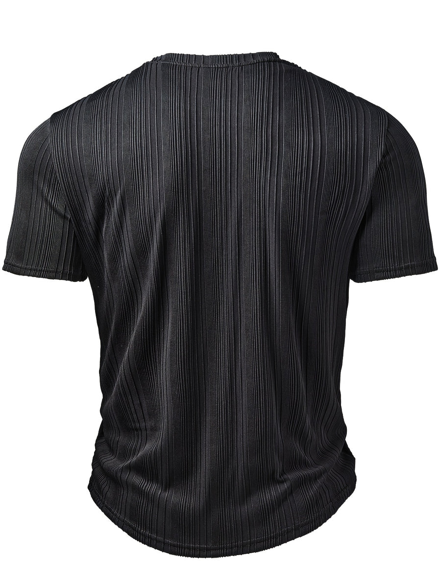 Men's Fashion Top, Spring/Summer Outdoor Casual Textured Fabric, Solid Color Round Neck Single-Breasted Short Sleeve Henley Shirt - Black