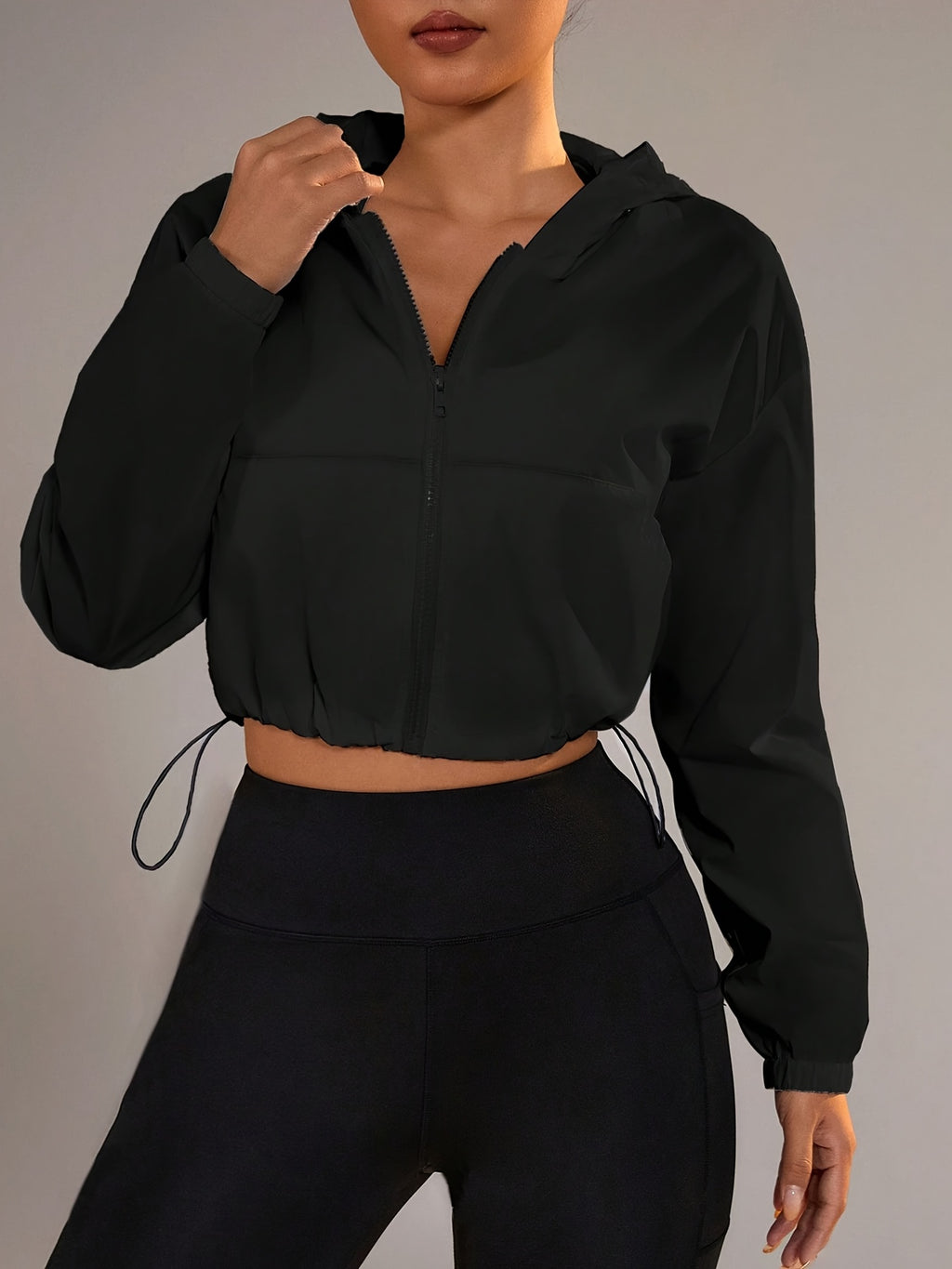 Women's Short Trench Coat with Zipper, Sash Tie, and Drawstring Pockets, a Lightweight Summer Casual Jacket - Black