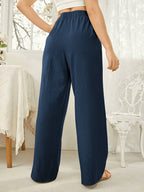 Women'S Elegant High Waist Straight Trousers Fake Drawstring Belt All Season Casual Pants - Blue