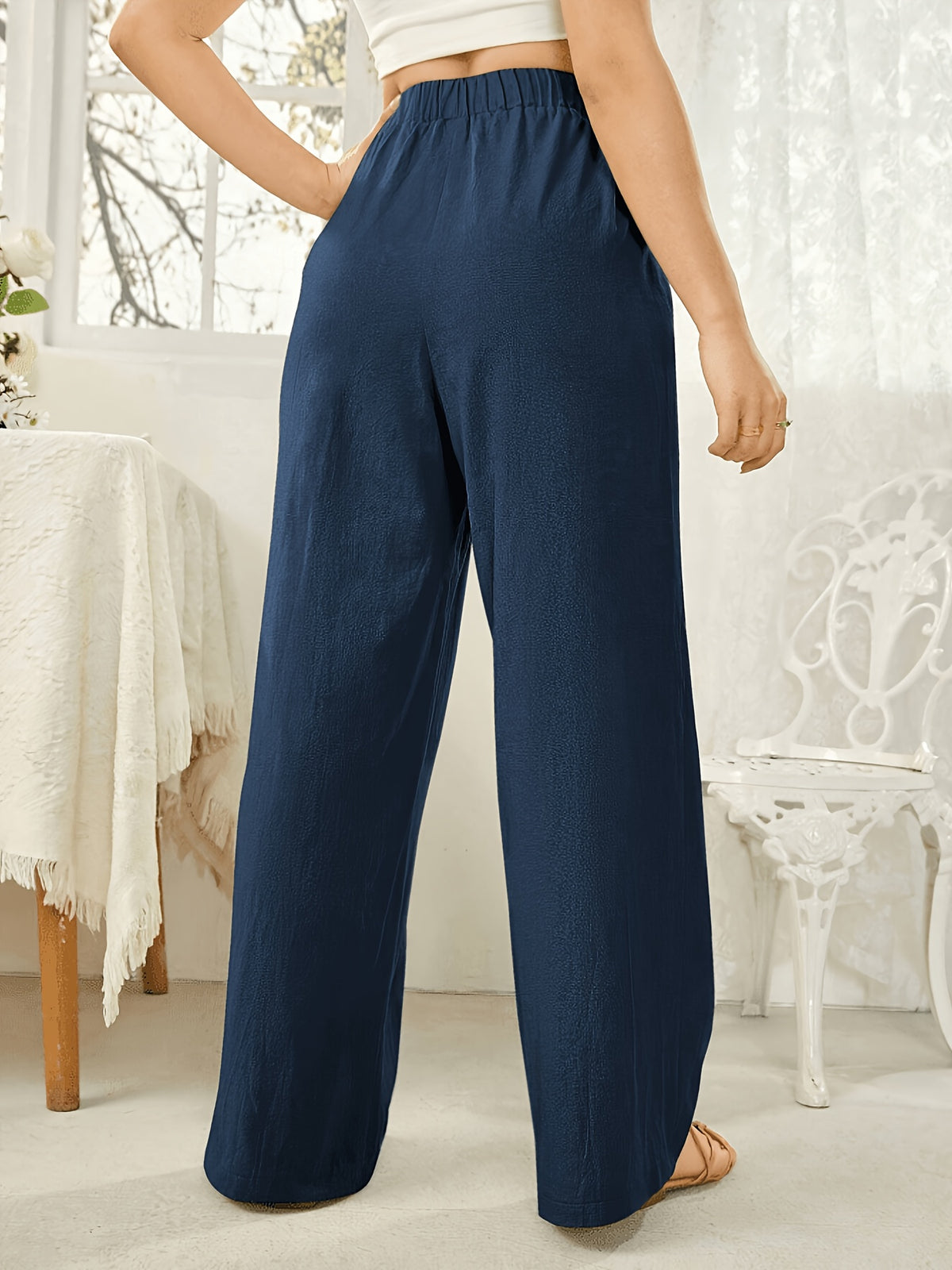Women'S Elegant High Waist Straight Trousers Fake Drawstring Belt All Season Casual Pants - Blue