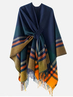 Women's Printed Front-Open Cardigan, Casual Shawl Cape Sweater, Wearable Blanket for Autumn, Winter, and Evening Wear - Navy Color