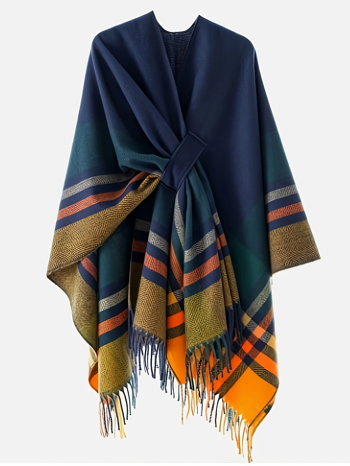 Women's Printed Front-Open Cardigan, Casual Shawl Cape Sweater, Wearable Blanket for Autumn, Winter, and Evening Wear - Navy Color