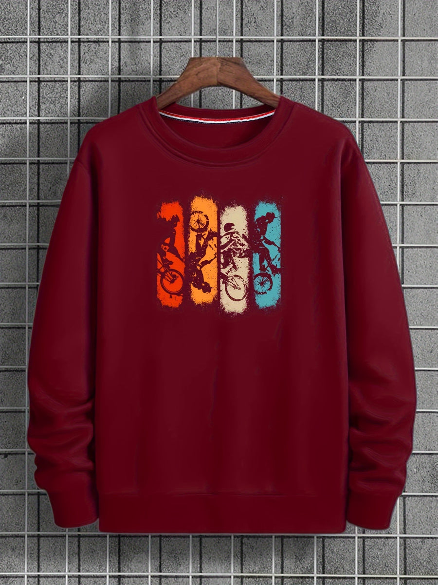 Fashion Retro Cycling Enthusiast Pattern Print, Round Neck Casual Sweatshirt, Suitable for Outdoor Activities, Loose Comfortable And Versatile, Ideal for Autumn And Winter - Burgundy