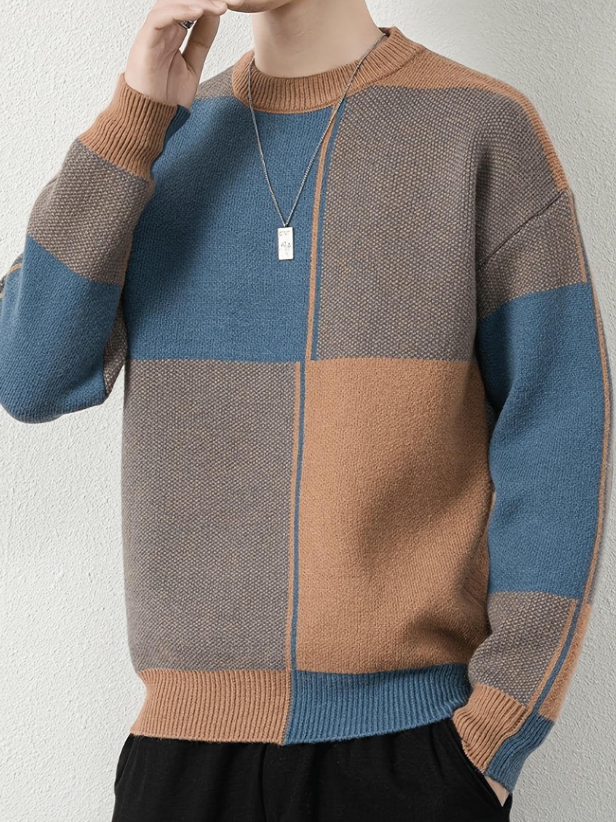 Men's Pullover Sweater, Men's Knitwear Top, Men's Autumn/Winter Winter Clothing, Autumn Apparel - 10719 Net-WE6812 Khaki Blue