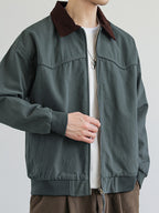 Jingmeleng Selection Men's New Outdoor Workwear Vintage Lapel Jacket - Contrast-Color Corduroy Collar - Solid Color Fabric with Drawstring - Metal Vintage YKK Zipper - Hem and Cuff Ribbed Design - Loose Fit Fashionable Trendy Casual Outerwear - Gray Green
