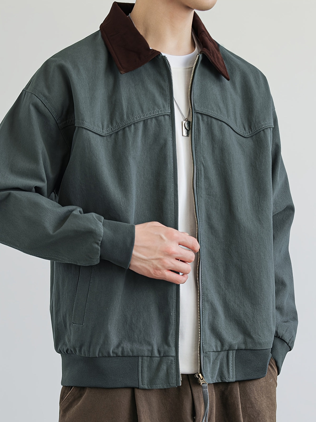 Jingmeleng Selection Men's New Outdoor Workwear Vintage Lapel Jacket - Contrast-Color Corduroy Collar - Solid Color Fabric with Drawstring - Metal Vintage YKK Zipper - Hem and Cuff Ribbed Design - Loose Fit Fashionable Trendy Casual Outerwear - Gray Green