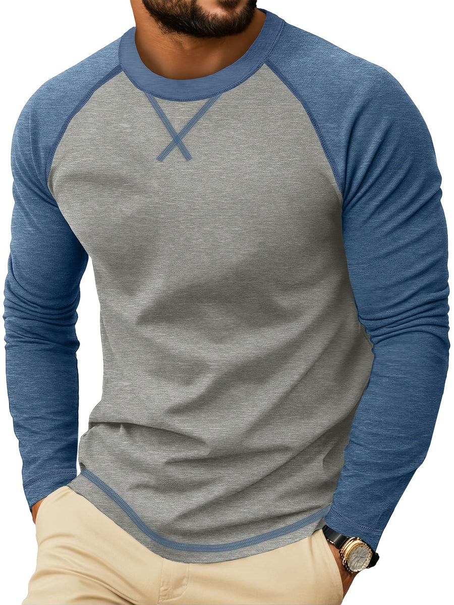 Cross-Border Men'S Long Sleeve Round Neck T-Shirt, Export European And American Men'S Clothing Color-Block Top Base Layer - Light Gray With Blue