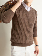 Men's Solid Color V-Neck Sweater - Warm Winter Knit Pullover with V-Neck Collar, Basic Long Sleeve Knitwear Suitable for Fall and Winter, Casual Office Wear, Hand Washable Regular Fit Sweater for Layering - Coffee Color
