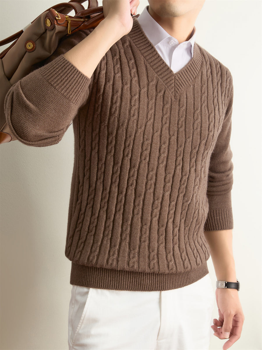 Men's Solid Color V-Neck Sweater - Warm Winter Knit Pullover with V-Neck Collar, Basic Long Sleeve Knitwear Suitable for Fall and Winter, Casual Office Wear, Hand Washable Regular Fit Sweater for Layering - Coffee Color