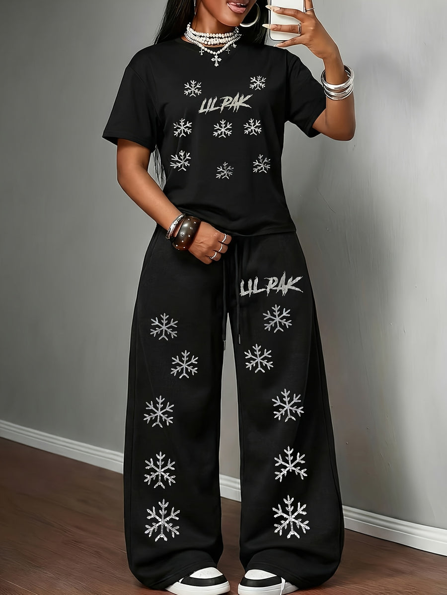 Spring/Summer New Set: 2pcs Outfit Featuring Hand-drawn Floral Print, Multi-color Round-neck Short-sleeve Top and Loose-fit Drawstring Straight-leg Pants. A Fashionable Y2K Streetwear Style with Hip-hop Y Vibes, Perfect for Summer Streetwear - Deep Grey