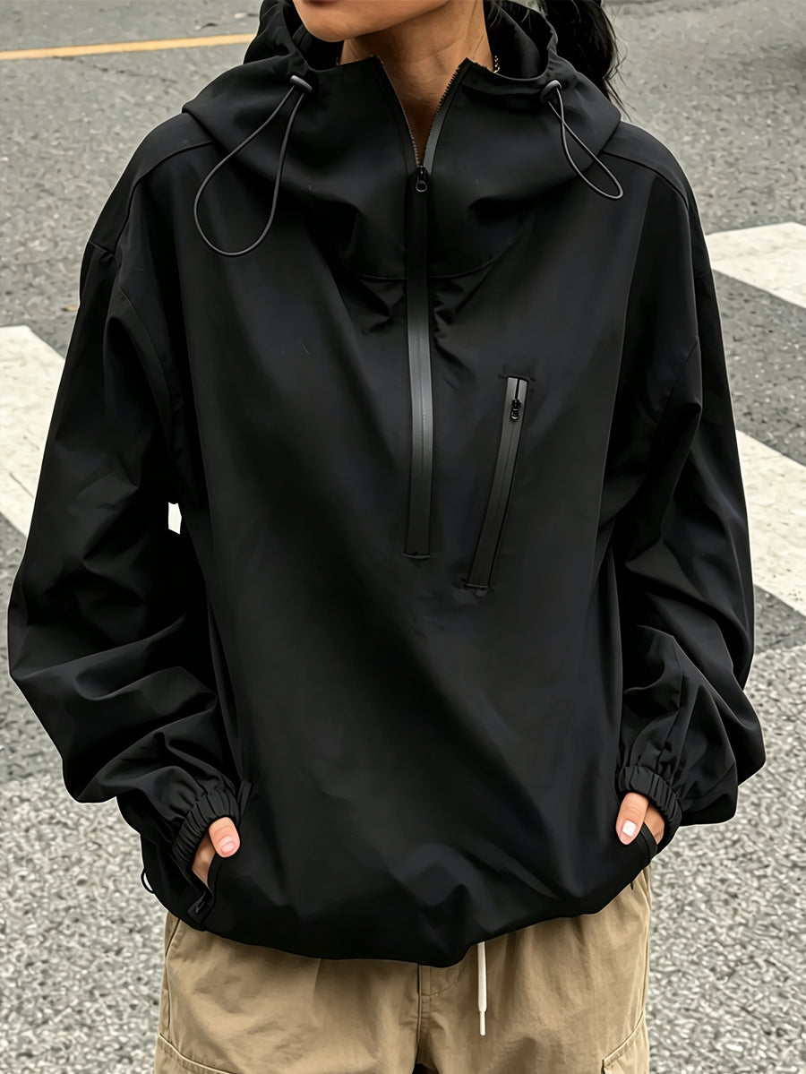 American Retro Half-Zipper Hooded Pullover Outdoor Work Jacket Women'S Spring Loose Design Pullover Jacket Casual Versatile Top - Black