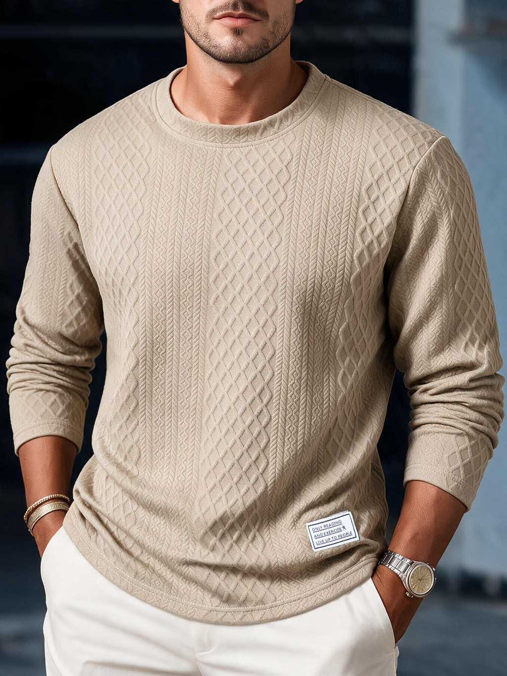 Josh Mei's Selection: Henley Collar Shirt, 2026 Autumn/Winter European and American Style Men's Casual Jacquard Crew Neck Long Sleeve Pullover Sweater Short Sleeve - Khaki