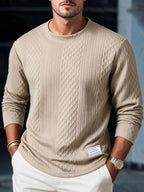 Josh Mei's Selection: Henley Collar Shirt, 2026 Autumn/Winter European and American Style Men's Casual Jacquard Crew Neck Long Sleeve Pullover Sweater Short Sleeve - Khaki