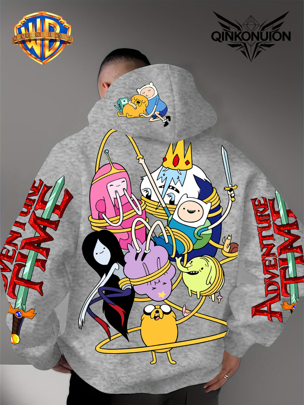 Warner Official Men's Hooded Sweatshirt, Adventure Treasure Rope Wrapped Character Group Cartoon Print Design, Machine Washable, Warm and Casual for Autumn and Winter, Daily Drawstring Hooded Sweatshirt, Multifunctional Sports and Casual Loose Fit - Light Grey