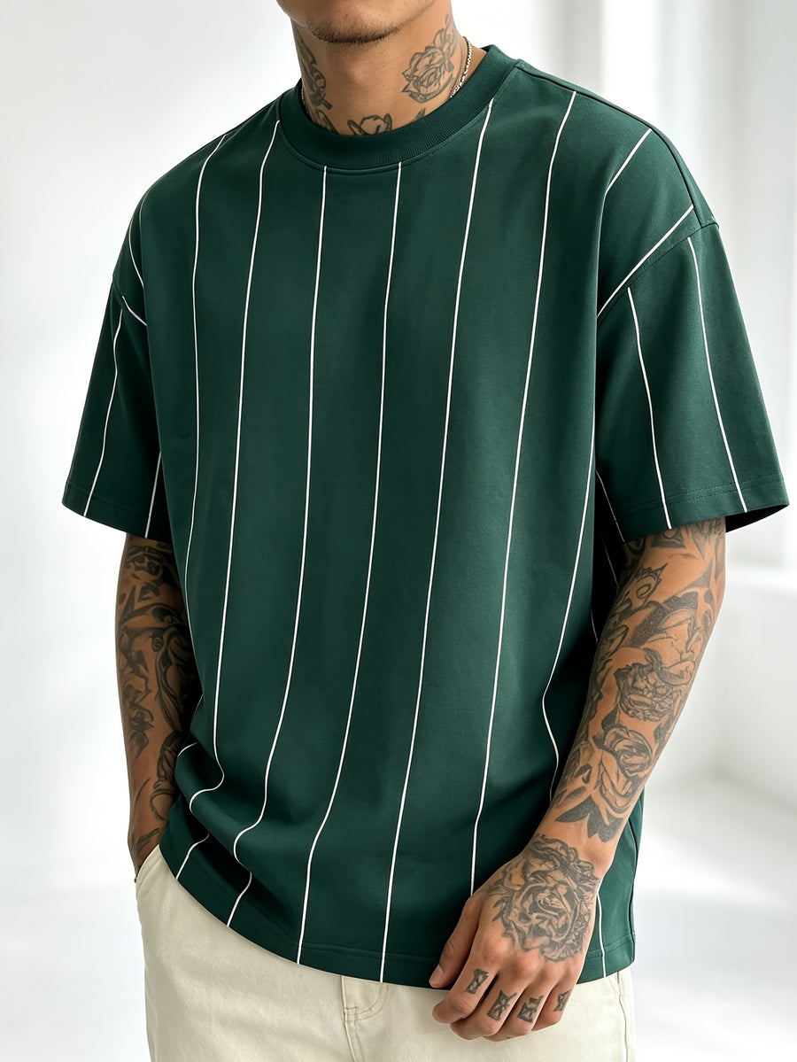 Black Vertical Stripe Print Crew Neck T-Shirt - Minimalist Line Contrast Color Design - Comfortable Casual Fit - Summer Korean Style Short Sleeve Top, Refreshing and Attractive, Daily Wear. Printed Design – Not Textured - Mixed colors