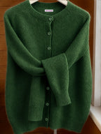 Spring Autumn Solid Color Round Neck Button Sweater Open Cardigan, Loose Casual Fashion Versatile Jacket, Soft Comfortable Elegant Women'S Top - Dark Green