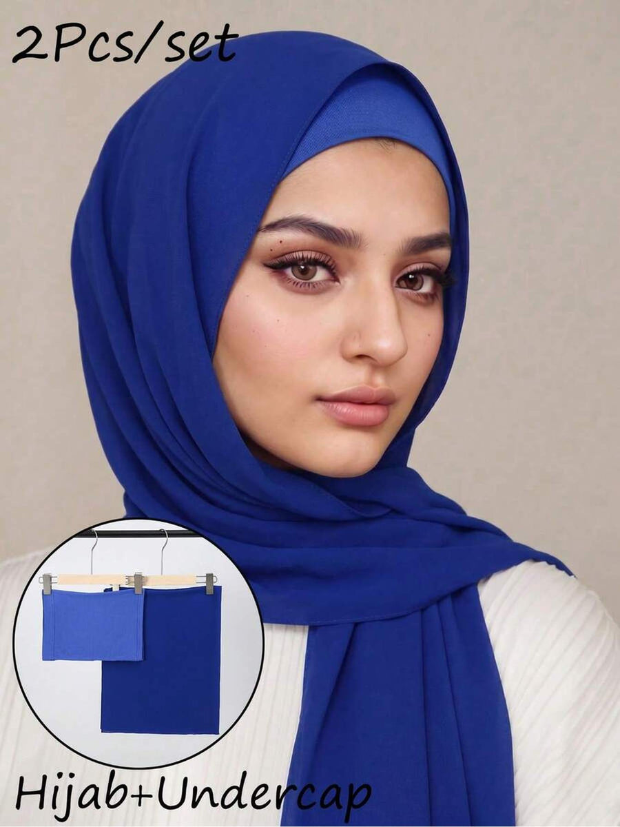 2pcs/Set Includes One Solid-Color Chiffon Headscarf And One Tube-Style Under-Cap. Made from High-Quality, Durable Chiffon, The Set Is Smooth, Comfortable, And Breathable. Suitable for Daily Wear, Commuting, And Eid Prayers; Perfect for All Seasons - Royal Blue