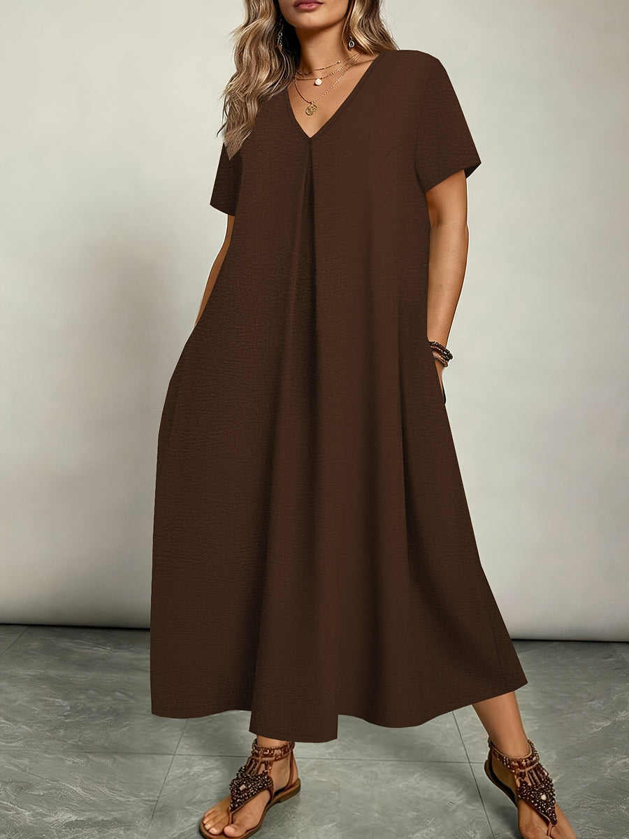 Plus Size - Plus Size - Women'S Elegant Casual Versatile Solid Color Dress, Vacation Style, Plus Size Women'S Clothing - Coffee Color