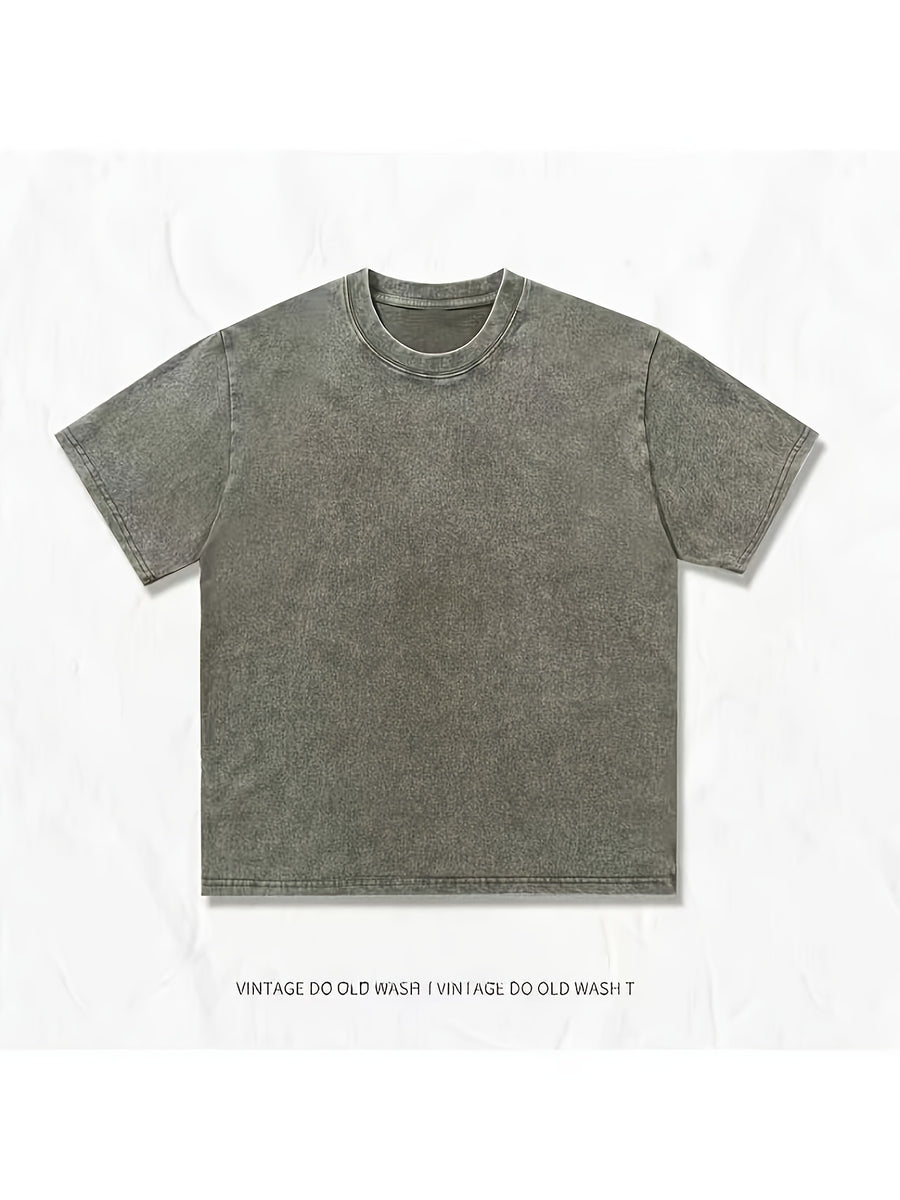 3pcs Summer Men'S Heavyweight 100% T-Shirt Set - Retro Washed Street Style Loose Round Neck Short Sleeve, Breathable All-Season Casual Tee - Combination 3