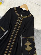 Long Sleeve Loose Abaya with Embroidered Rhinestone and Bead Decoration - Black