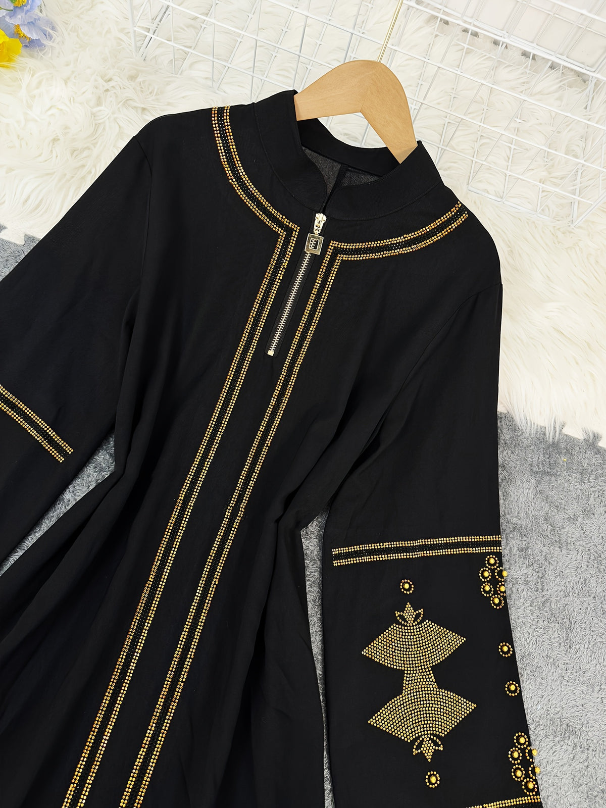 Long Sleeve Loose Abaya with Embroidered Rhinestone and Bead Decoration - Black