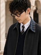 Men'S Spring Autumn Lapel Jacket, Retro Plaid Patchwork Collar Design, Loose Short Casual Top, Zippered Cardigan with Elastic Cuffs, Preppy Style Versatile Outerwear, Suitable for Commute, Campus, Streetwear, And Daily Wear - Black
