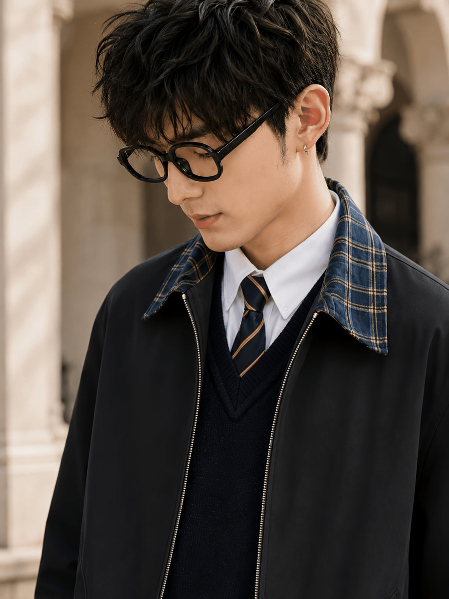 Men'S Spring Autumn Lapel Jacket, Retro Plaid Patchwork Collar Design, Loose Short Casual Top, Zippered Cardigan with Elastic Cuffs, Preppy Style Versatile Outerwear, Suitable for Commute, Campus, Streetwear, And Daily Wear - Black