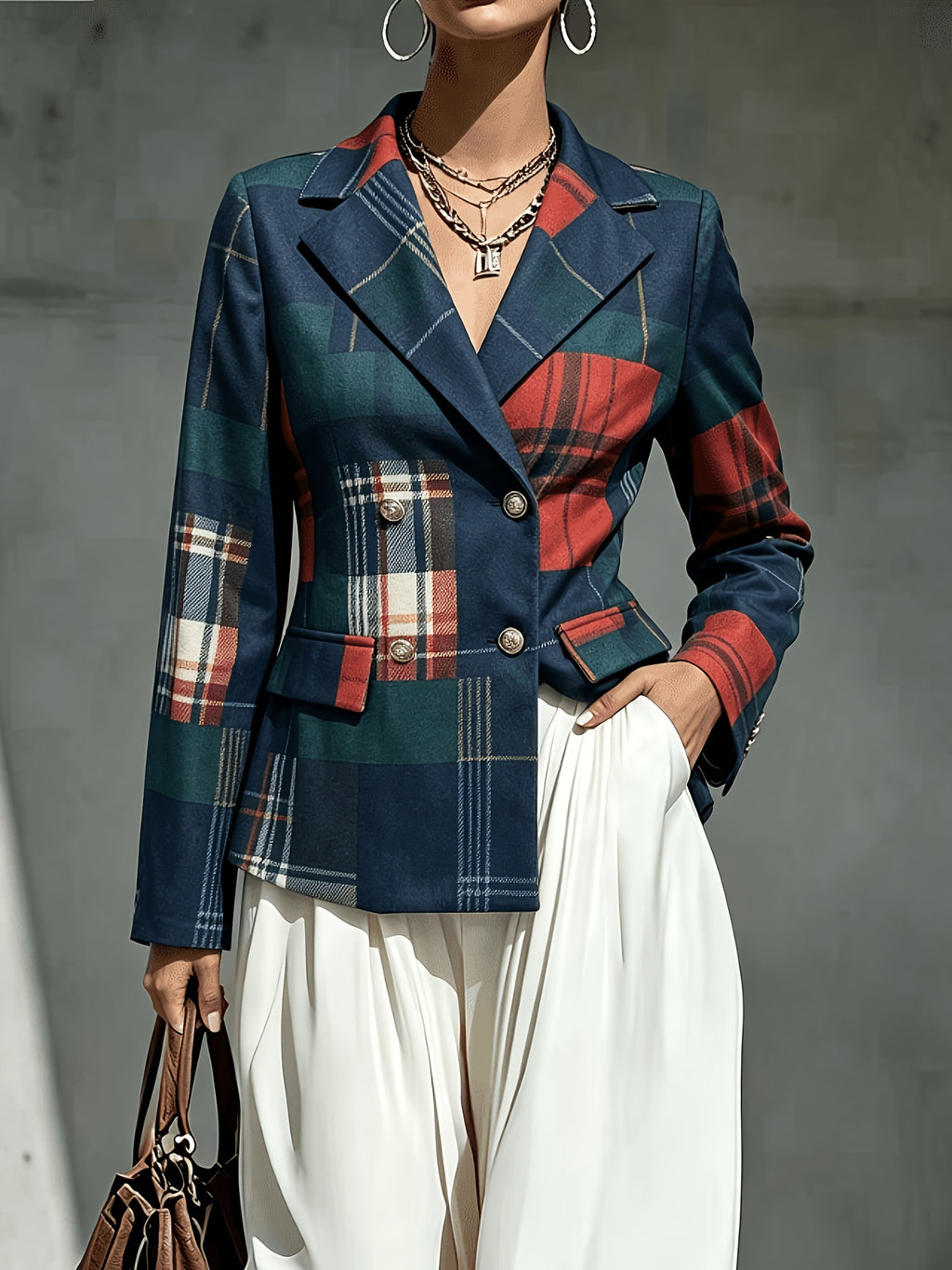 Patchwork Plaid Lapel Double-Breasted Short Blazer, Waist-Cinching Hem with Pockets, Long Sleeve Mini Suit Jacket, Casual Formal Versatile Outerwear - Mixed colors