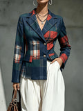 Patchwork Plaid Lapel Double-Breasted Short Blazer, Waist-Cinching Hem with Pockets, Long Sleeve Mini Suit Jacket, Casual Formal Versatile Outerwear - Mixed colors