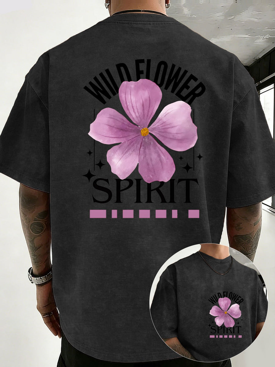Mid-Summer Vacation Style Unisex T-Shirt, Pure Washed Distressed, Double-Sided Print, Breathable And Sweat-Absorbent, Loose Fit Outdoor Hiking Sports Trendy Casual Short Sleeve, Sweat-Resistant - Black