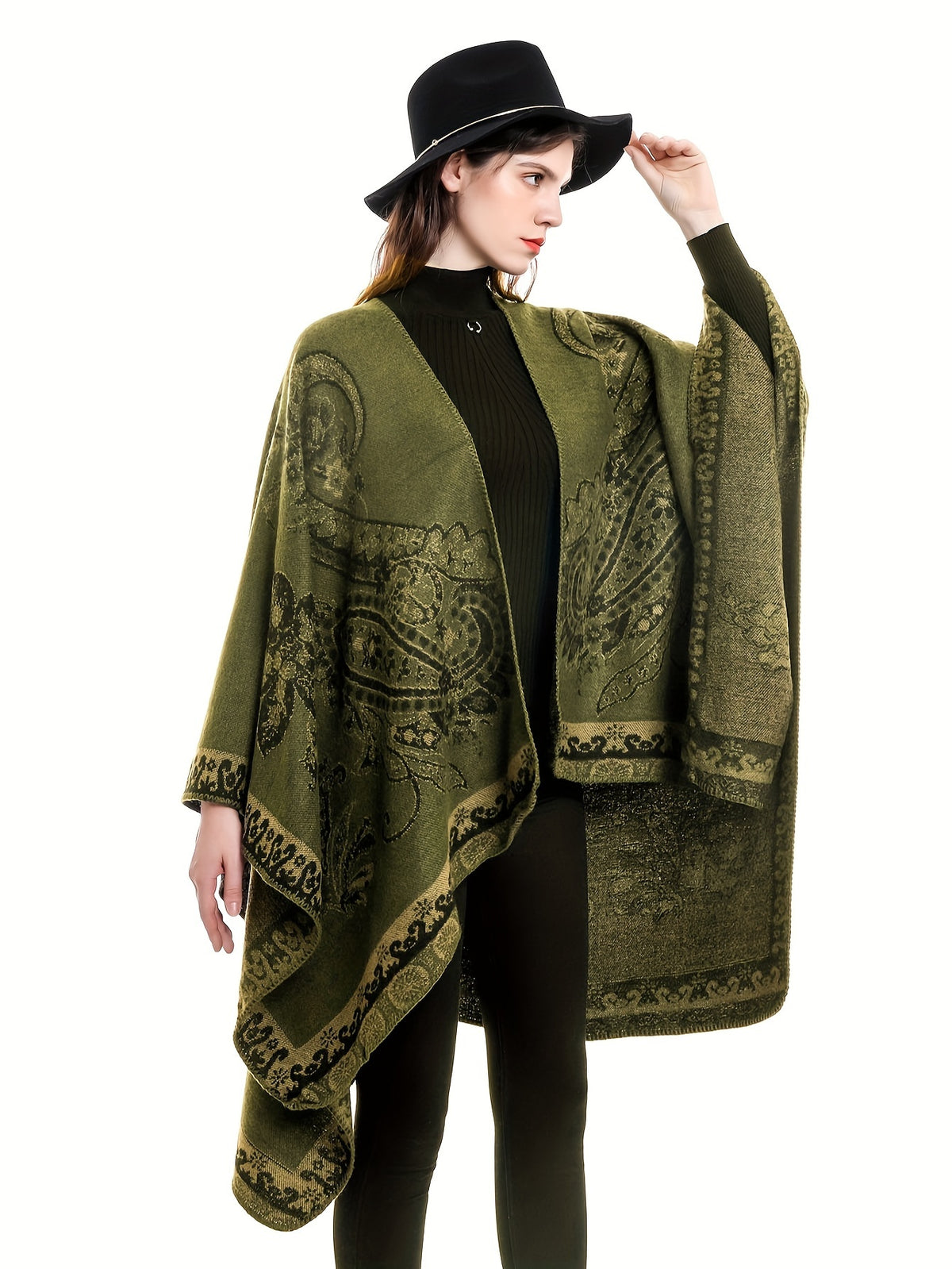 Plus Size - Plus Size - Women'S Oversized Front-Open Thick Shawl Cardigan, Casual Poncho Sweater That Can Be Worn As a Blanket, Suitable for Autumn, Winter, And Nighttime - Green