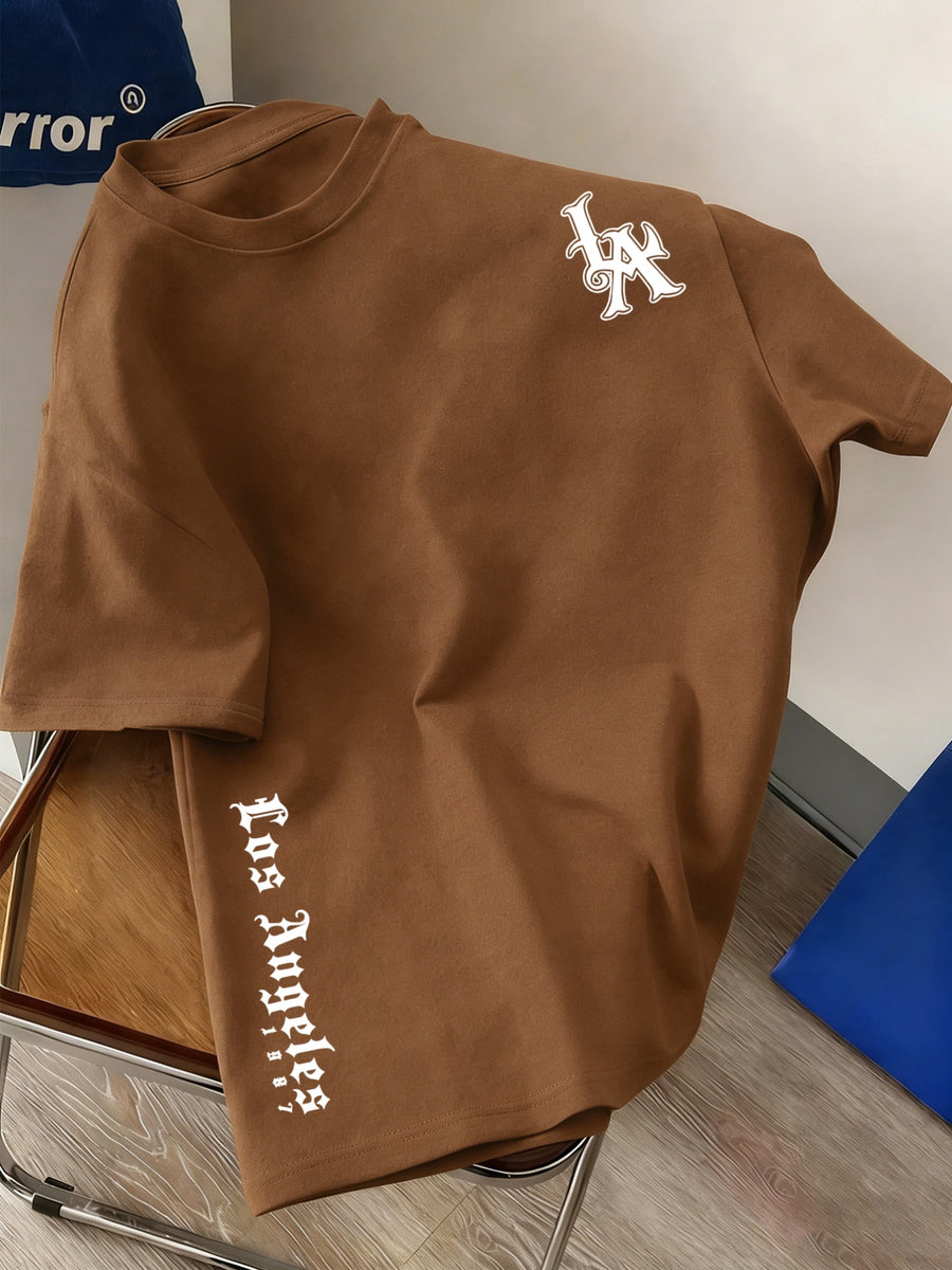 Men's 100% Cotton Short Sleeve Crew Neck T-Shirt, American Los Angeles Vintage Street Style Print, Casual, Fashionable, Comfortable, Soft, Summer Short Sleeve - Coffee Color