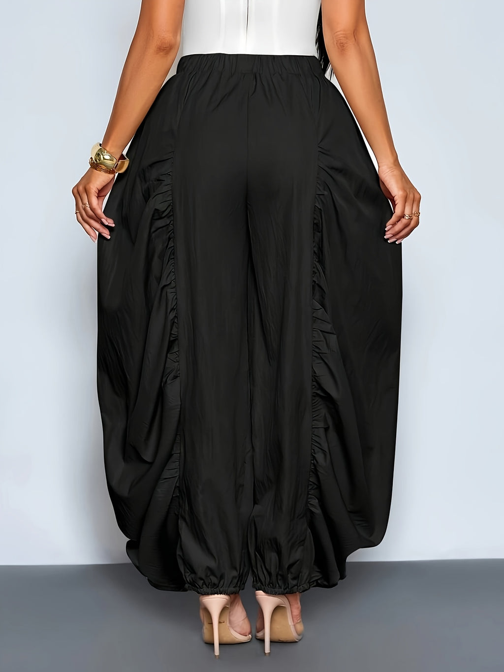 Women'S Fashion Solid Color Loose Casual Trousers, Pleated Design with Elastic Waistband, Wide-Leg Style, All-Season Versatile for Casual Wear Zzy Spring Summer - Black