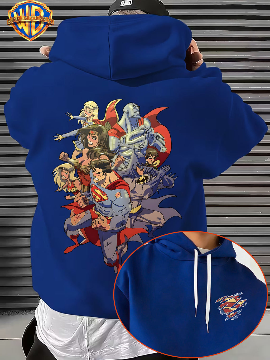 Warner Bros. DC Superhero Group Pose Multi-Character Collaboration Hot-Blooded Comic Style Cool Print Men's Fashion Hooded Sweatshirt, Sleeve Print Design, Kangaroo Pocket, Drawstring Hood, Suitable for Daily Wear and Outdoor Sports, an Excellent - Blue
