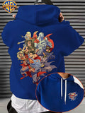 Warner Bros. DC Superhero Group Pose Multi-Character Collaboration Hot-Blooded Comic Style Cool Print Men's Fashion Hooded Sweatshirt, Sleeve Print Design, Kangaroo Pocket, Drawstring Hood, Suitable for Daily Wear and Outdoor Sports, an Excellent - Blue
