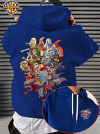 Warner Bros. DC Superhero Group Pose Multi-Character Collaboration Hot-Blooded Comic Style Cool Print Men's Fashion Hooded Sweatshirt, Sleeve Print Design, Kangaroo Pocket, Drawstring Hood, Suitable for Daily Wear and Outdoor Sports, an Excellent - Blue