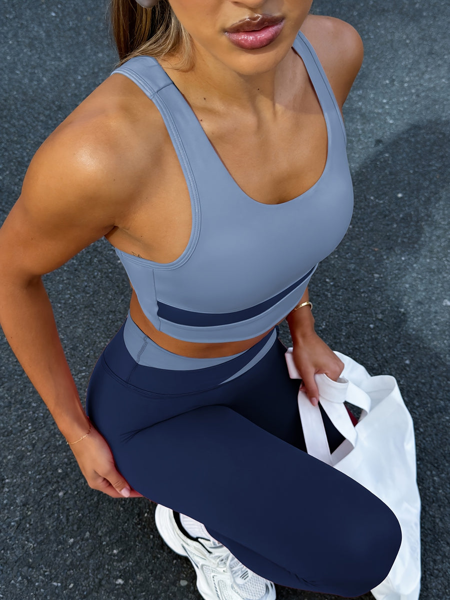 Women's 2pcs Set: Color-Block Bra and High-Waist Leggings, Street Style with an Instagram Vibe, Suitable for Daily Wear and Casual Gatherings. Recommended to Size Up. - Blue + Blue