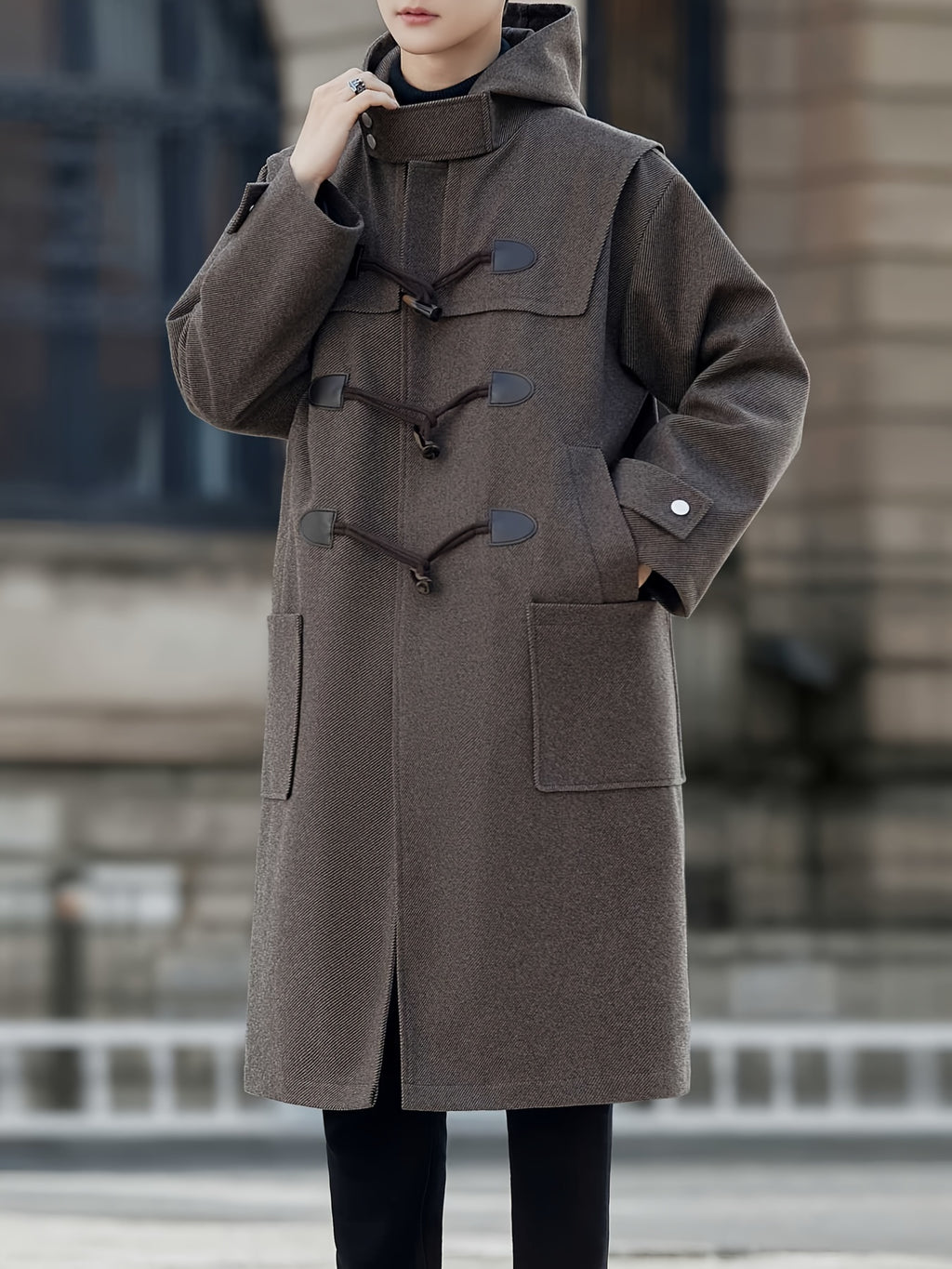 New Autumn Winter Men'S Mid-Length Horn-Button Trench Coat Men'S Solid Color Blend Hooded Overcoat - Coffee Color