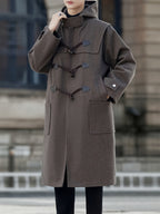 New Autumn Winter Men'S Mid-Length Horn-Button Trench Coat Men'S Solid Color Blend Hooded Overcoat - Coffee Color