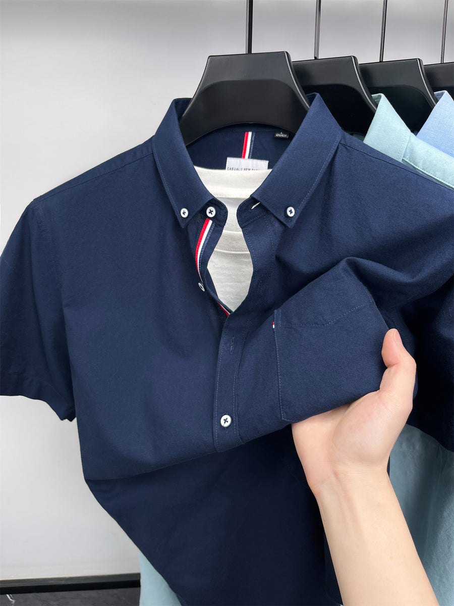 Men's Pure  Short-Sleeve Shirt, High Quality, Suitable for Business, Outerwear, Home, Gatherings, Parties, Skin-Friendly, Breathable, Fine Texture, Mature Style - Medium Blue