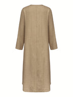 Women's Casual V-Neck Long Sleeve Solid Color A-Line Loose Fit Maxi Dress - Khaki