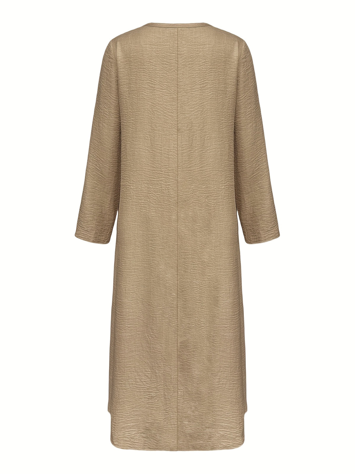 Women's Casual V-Neck Long Sleeve Solid Color A-Line Loose Fit Maxi Dress - Khaki