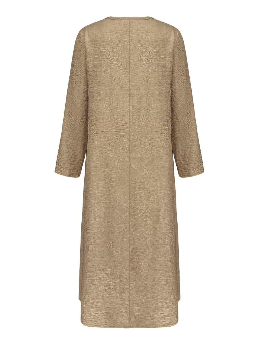 Women's Casual V-Neck Long Sleeve Solid Color A-Line Loose Fit Maxi Dress - Khaki