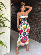 Women'S Fashion Apparel Exquisite Holiday Beach Party Attire Women'S Elegant Floral Print Off-The-Shoulder Strapless Tailored Waist-Cinched Bodycon Dress Bridesmaid Dress Women'S - Multicolor